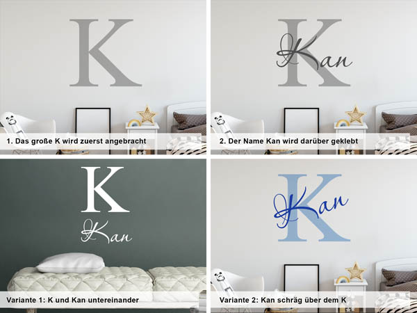 Verschiedene Anordnungen des Wandtattoos Kan