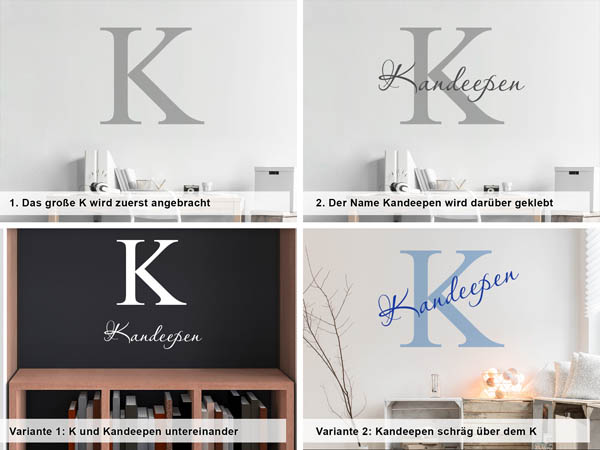 Verschiedene Anordnungen des Wandtattoos Kandeepen