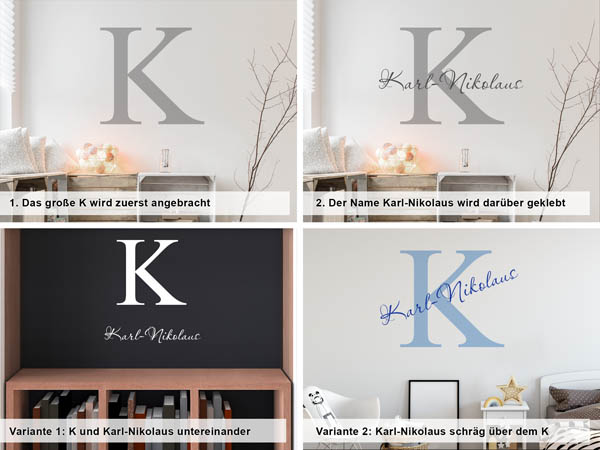 Verschiedene Anordnungen des Wandtattoos Karl-Nikolaus
