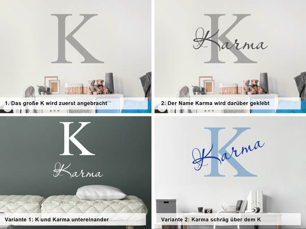 Verschiedene Anordnungen des Wandtattoos Karma
