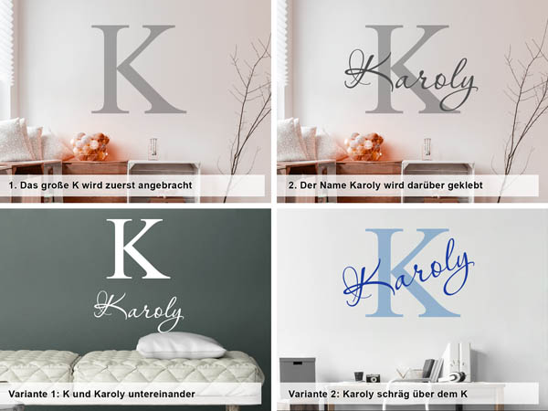 Verschiedene Anordnungen des Wandtattoos Karoly