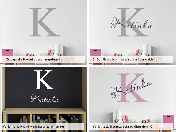 Verschiedene Anordnungen des Wandtattoos Katinka