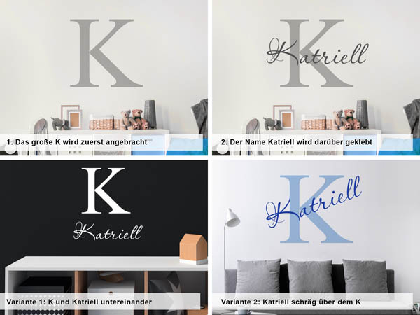 Verschiedene Anordnungen des Wandtattoos Katriell
