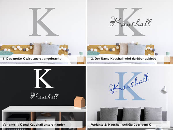 Verschiedene Anordnungen des Wandtattoos Kaushall