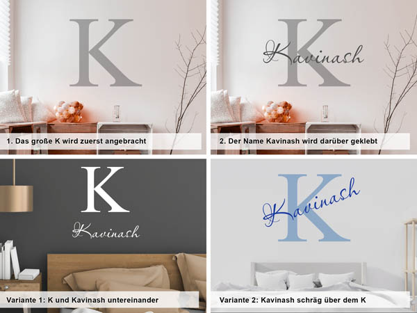 Verschiedene Anordnungen des Wandtattoos Kavinash