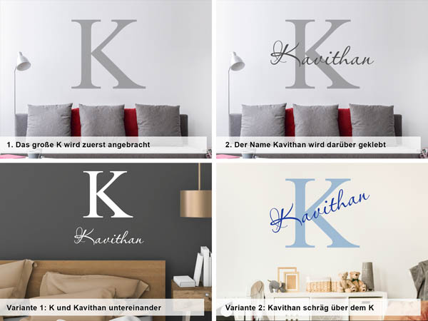 Verschiedene Anordnungen des Wandtattoos Kavithan