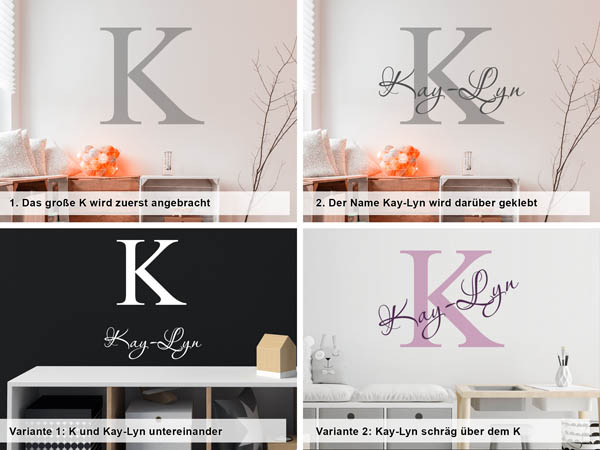 Verschiedene Anordnungen des Wandtattoos Kay-Lyn