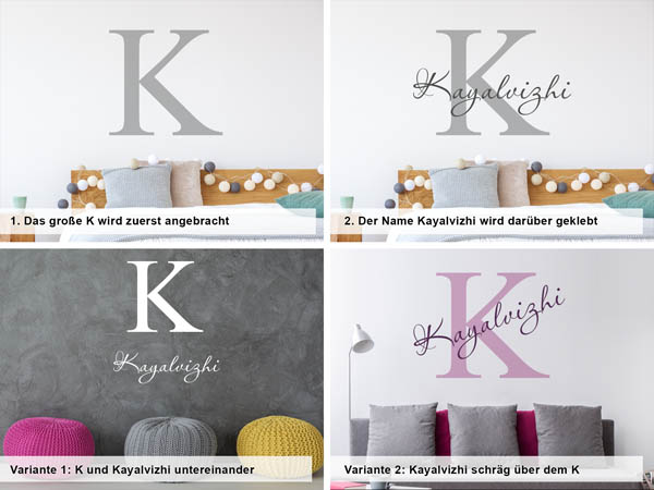 Verschiedene Anordnungen des Wandtattoos Kayalvizhi