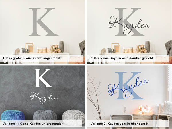 Verschiedene Anordnungen des Wandtattoos Kayden