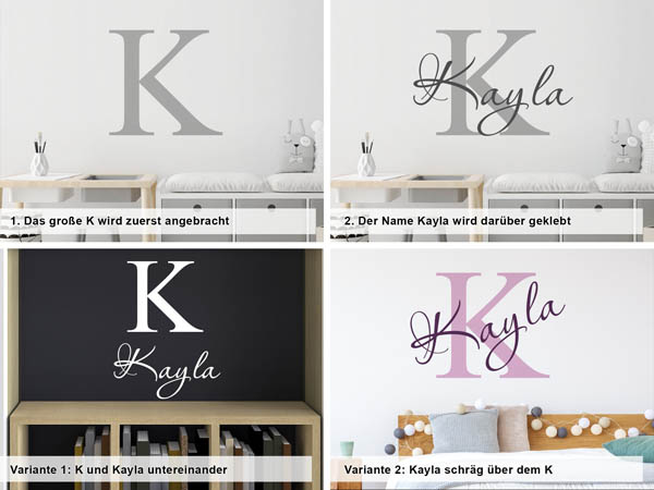 Verschiedene Anordnungen des Wandtattoos Kayla