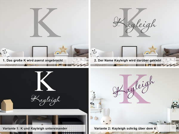 Verschiedene Anordnungen des Wandtattoos Kayleigh