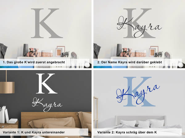 Verschiedene Anordnungen des Wandtattoos Kayra