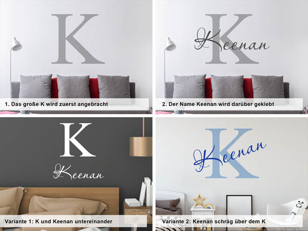 Verschiedene Anordnungen des Wandtattoos Keenan
