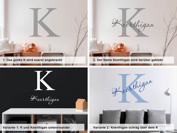 Verschiedene Anordnungen des Wandtattoos Keerthigan