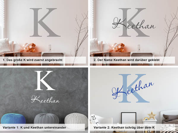 Verschiedene Anordnungen des Wandtattoos Keethan