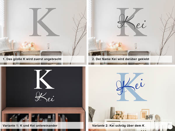Verschiedene Anordnungen des Wandtattoos Kei
