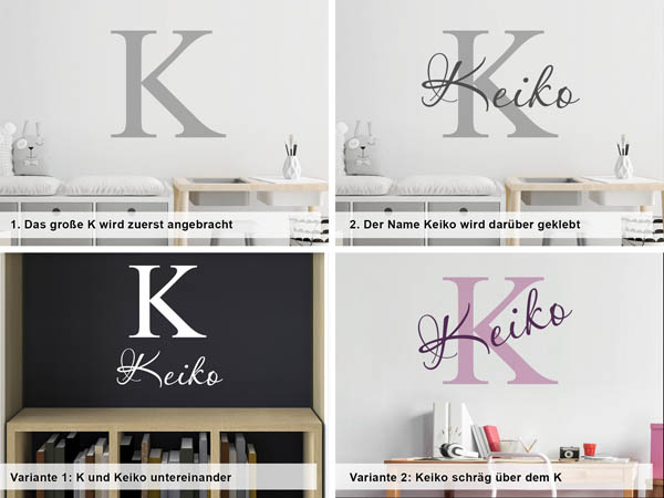 Verschiedene Anordnungen des Wandtattoos Keiko