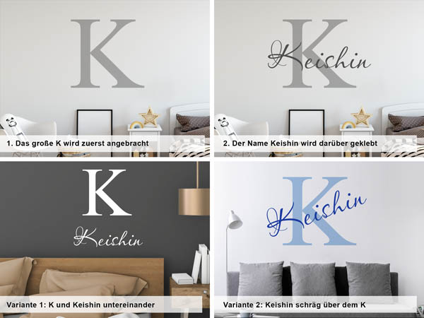 Verschiedene Anordnungen des Wandtattoos Keishin