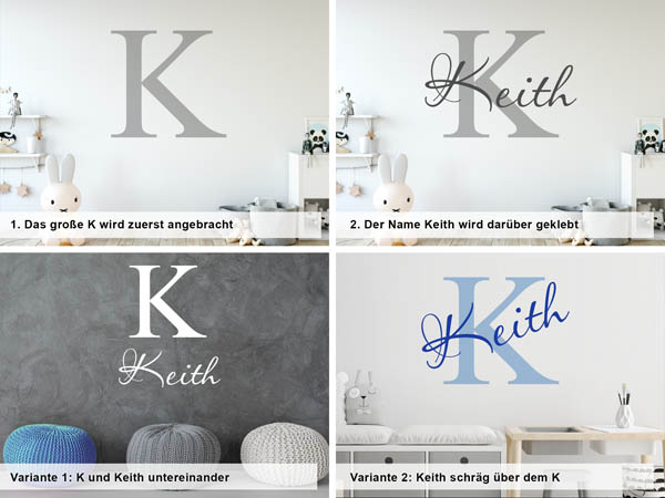 Verschiedene Anordnungen des Wandtattoos Keith