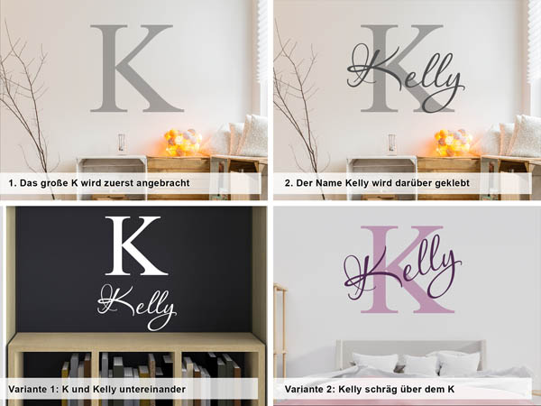 Verschiedene Anordnungen des Wandtattoos Kelly