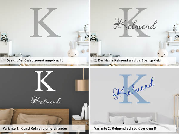 Verschiedene Anordnungen des Wandtattoos Kelmend