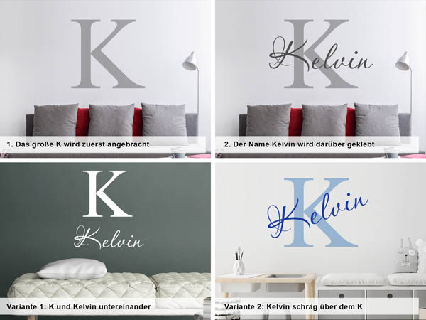 Verschiedene Anordnungen des Wandtattoos Kelvin