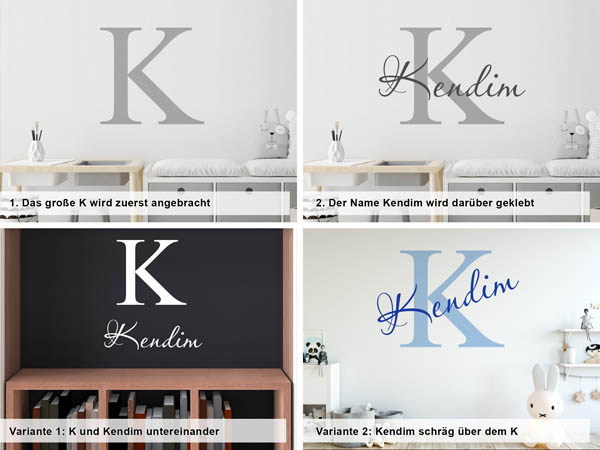 Verschiedene Anordnungen des Wandtattoos Kendim