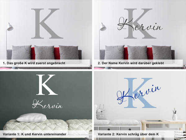 Verschiedene Anordnungen des Wandtattoos Kervin