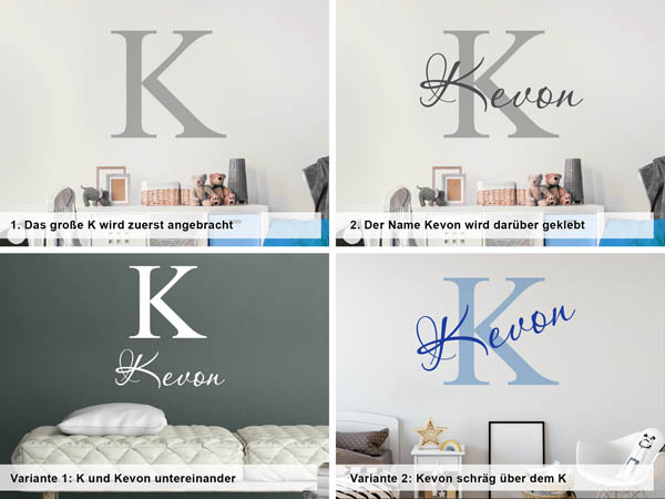 Verschiedene Anordnungen des Wandtattoos Kevon