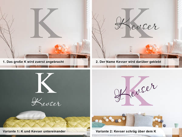 Verschiedene Anordnungen des Wandtattoos Kevser