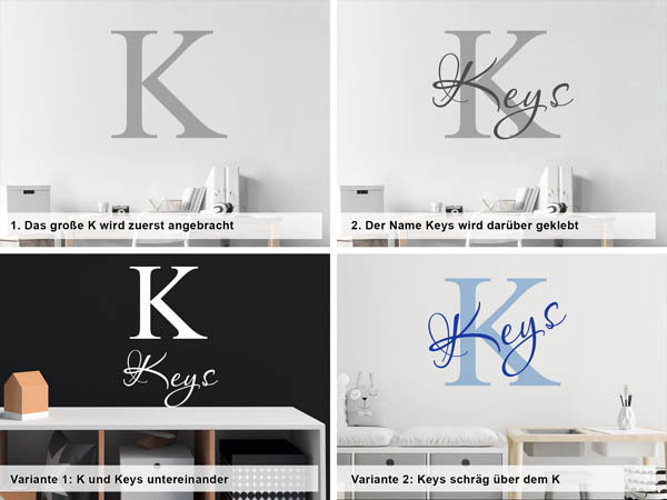Verschiedene Anordnungen des Wandtattoos Keys