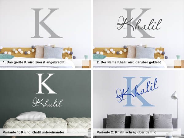 Verschiedene Anordnungen des Wandtattoos Khalil