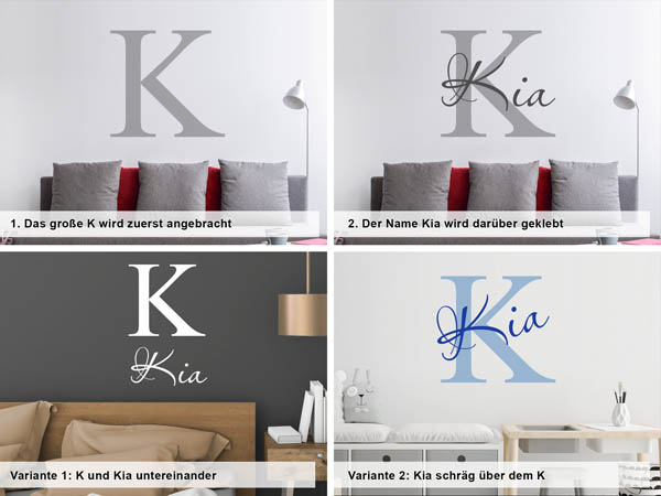 Verschiedene Anordnungen des Wandtattoos Kia