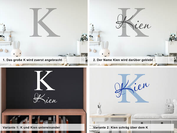 Verschiedene Anordnungen des Wandtattoos Kien