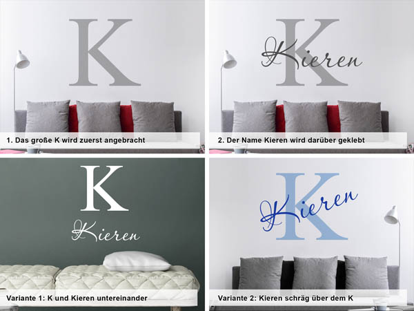 Verschiedene Anordnungen des Wandtattoos Kieren