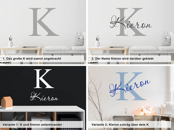 Verschiedene Anordnungen des Wandtattoos Kieron