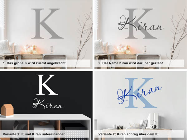Verschiedene Anordnungen des Wandtattoos Kiran