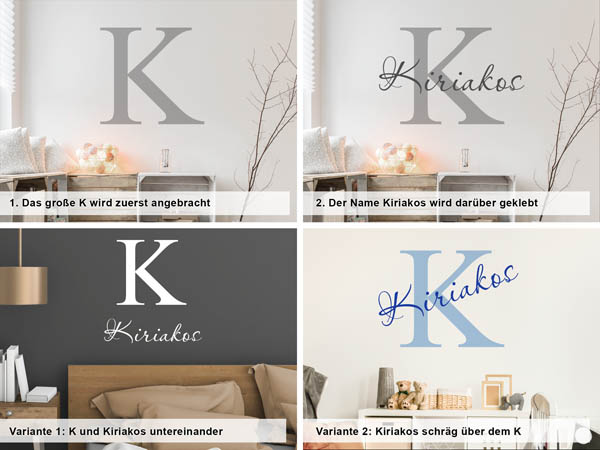 Verschiedene Anordnungen des Wandtattoos Kiriakos