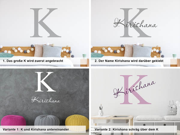 Verschiedene Anordnungen des Wandtattoos Kirishana