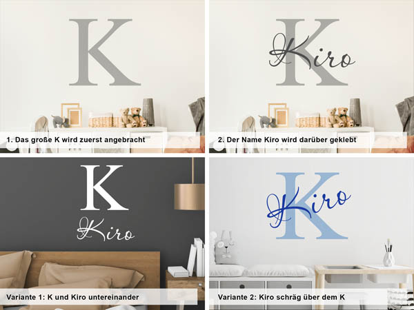 Verschiedene Anordnungen des Wandtattoos Kiro