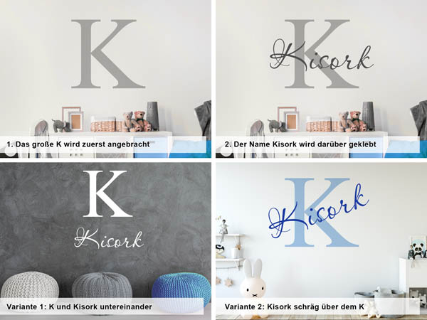 Verschiedene Anordnungen des Wandtattoos Kisork