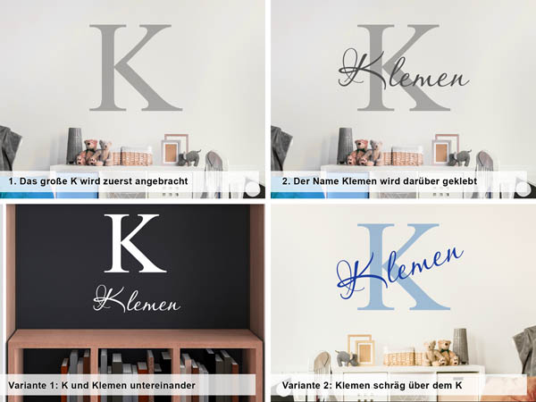 Verschiedene Anordnungen des Wandtattoos Klemen