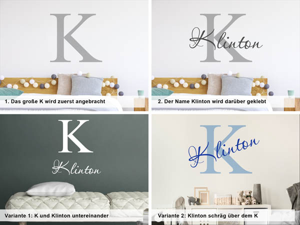 Verschiedene Anordnungen des Wandtattoos Klinton