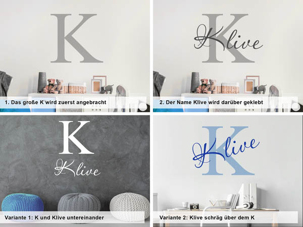 Verschiedene Anordnungen des Wandtattoos Klive