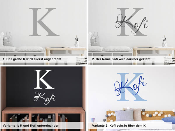 Verschiedene Anordnungen des Wandtattoos Kofi