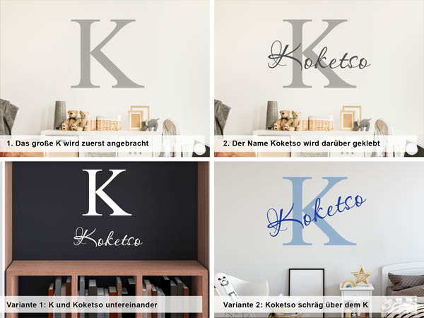 Verschiedene Anordnungen des Wandtattoos Koketso