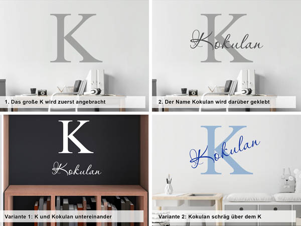 Verschiedene Anordnungen des Wandtattoos Kokulan