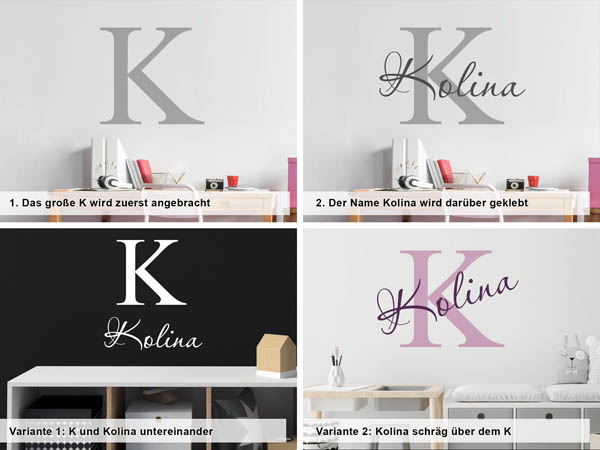 Verschiedene Anordnungen des Wandtattoos Kolina