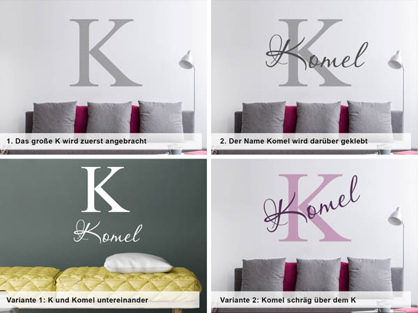 Verschiedene Anordnungen des Wandtattoos Komel