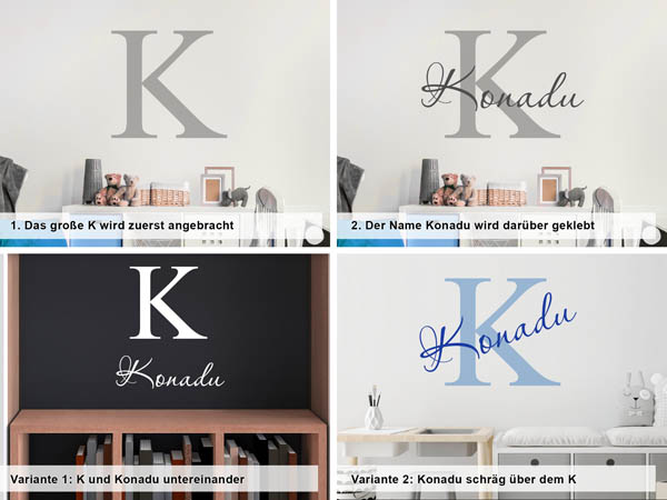 Verschiedene Anordnungen des Wandtattoos Konadu